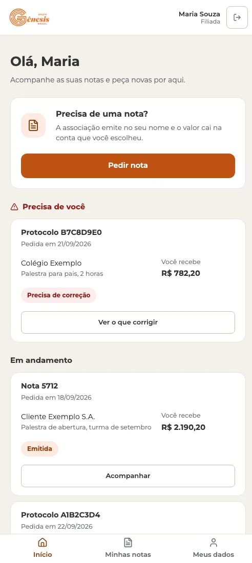 Tela inicial do painel do filiado no celular